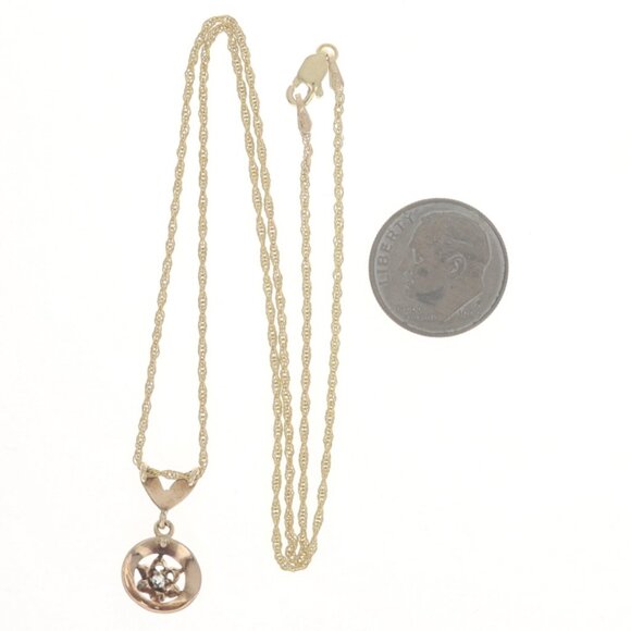 Yellow Gold Diamond Art Deco Flower Pendant Necklace 16" - 14k European - Picture 3 of 4